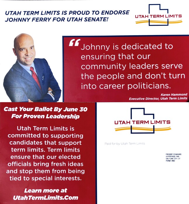 (Courtesy photo) A mailer sent by Utah Term Limits to support Utah senate candidate Johnny Ferry