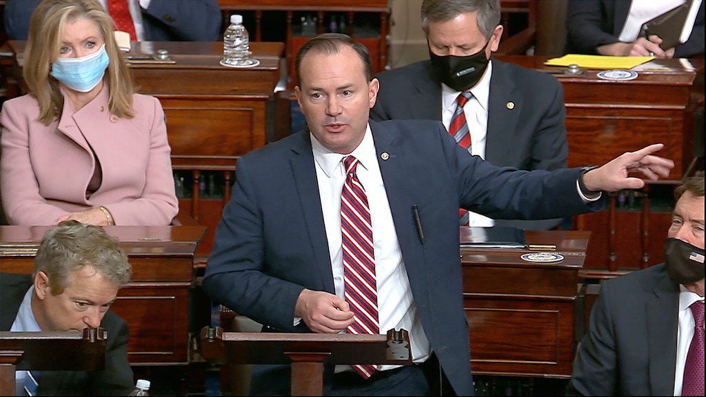 In this image from video, Sen. Mike Lee, R-Utah, speaks as the Senate reconvenes after protesters stormed into the U.S. Capitol on Wednesday, Jan. 6, 2021. (Senate Television via AP)