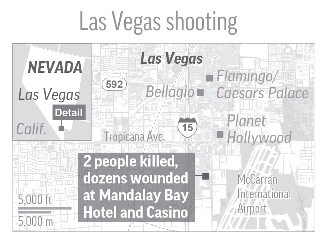 LAS VEGAS SHOOTING 100217: Map shows shooting at Mandalay Bay Hotel and Casino in Las Vegas; 2c x 2 1/2 inches; with BC-US--Las Vegas Shooting; JEM; ETA 3 a.m. SOURCE: maps4news/©HERE. Editors Note: It is mandatory to include all sources that accompany this graphic when repurposing or editing it for publication