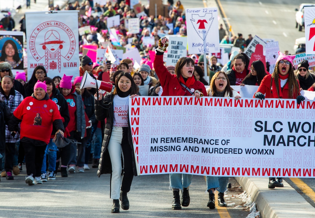 (Rick Egan  |  The Salt Lake Tribune)  Marchers make their way up State Street from Washington Square Park to the Capitol Building in the 2020 Womxn's March in Salt Lake City on Saturday, Jan. 18, 2020.