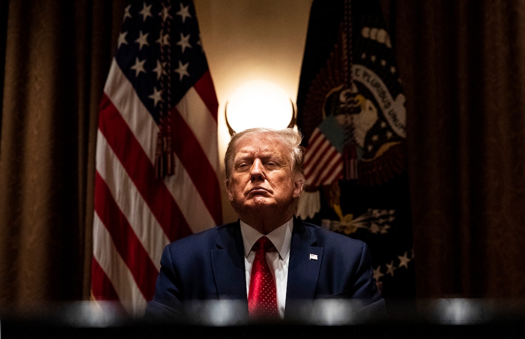 (Samuel Corum | The New York Times)
President Donald Trump leads a roundtable meeting with Hispanic leaders at the White House in Washington, on Thursday, July 9, 2020. "Like Macbeth, the president made tragic errors of judgment and plunged his country into a nightmare. Our trust in government is depleted, and our relationships in the world are tattered," writes Maureen Dowd.
