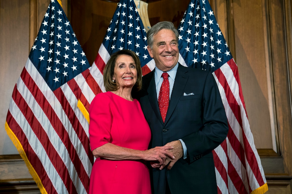 (Doug Mills | The New York Times)
House Speaker Nancy Pelosi (D-Calif.) with her husband, Paul Pelosi, during the ceremonial swearing-in of the 116th Congress in the Rayburn Room of the U.S. Capitol in Washington, Jan. 3, 2019. Paul Pelosi was hospitalized after he was assaulted by someone who broke into the couple's residence in San Francisco early on Friday morning, Oct. 28, 2022, a spokesman said.