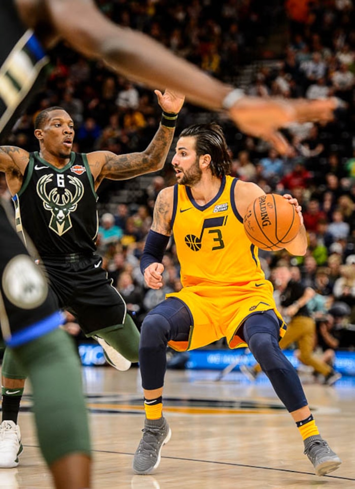 (Trent Nelson | The Salt Lake Tribune)  Utah Jazz guard Ricky Rubio (3) defended by Milwaukee Bucks guard Eric Bledsoe (6) as the Utah Jazz host the Milwaukee Bucks, NBA basketball in Salt Lake City Saturday November 25, 2017.