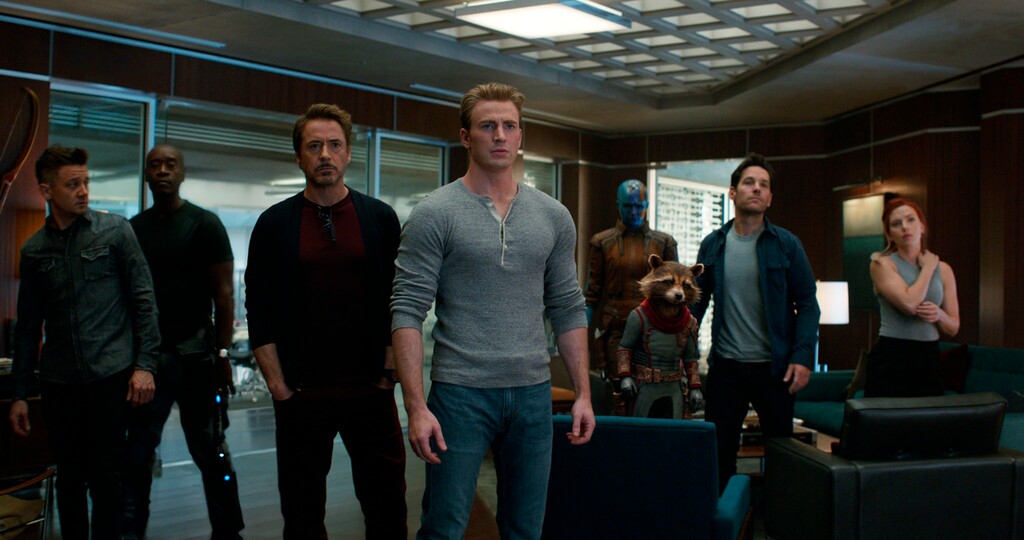 (Disney/Marvel Studios via AP) This image released by Disney shows, from left, Jeremy Renner, Don Cheadle, Robert Downey Jr., Chris Evans, Karen Gillan, the character Rocket, voiced by Bradley Cooper, Paul Rudd and Scarlett Johansson in a scene from “Avengers: Endgame.”