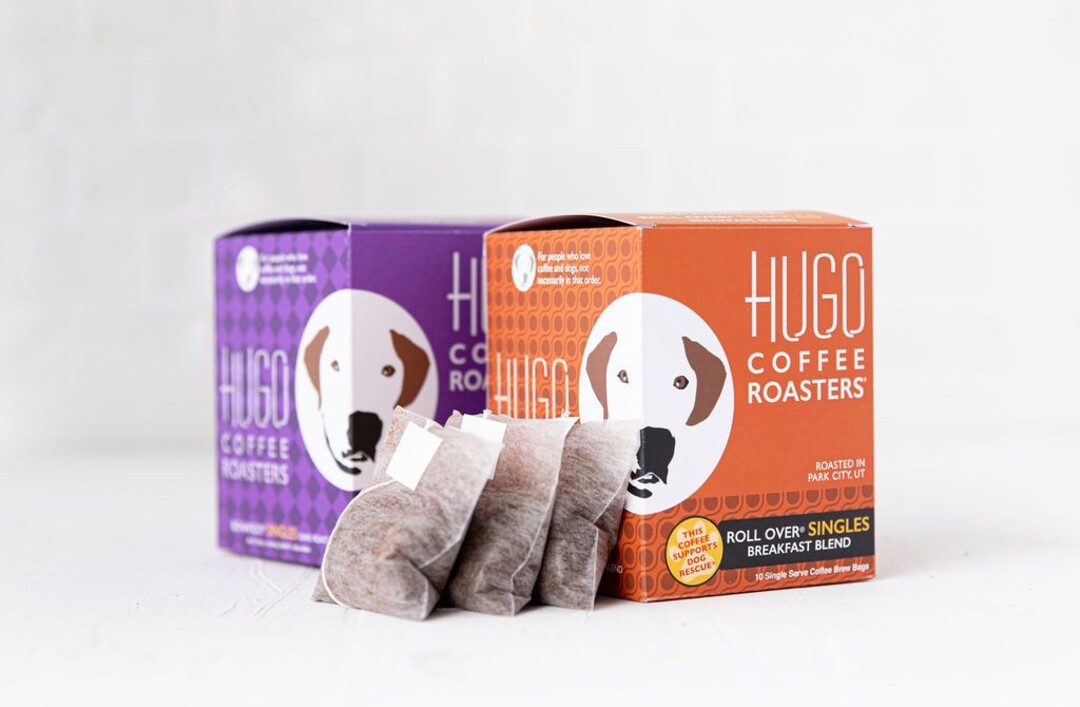 (Photo Courtesy of Hugo Coffee Roasters)  The  single-serve brew bags at Hugo Coffee Roasters benefit humans and dogs.