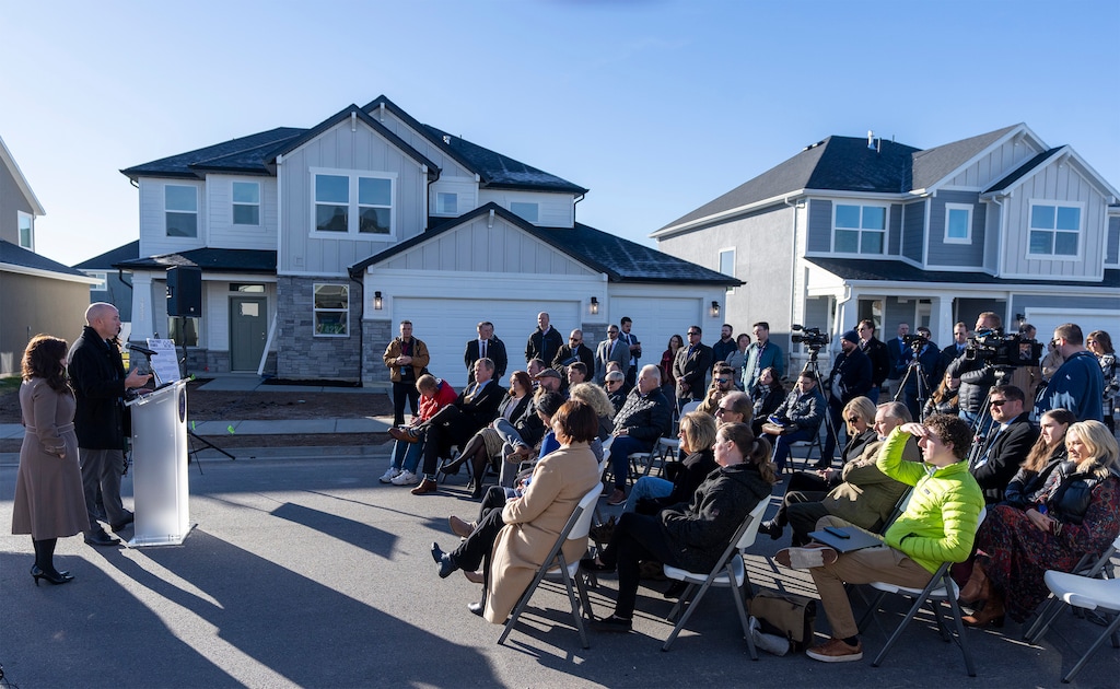(Rick Egan | The Salt Lake Tribune) Gov. Spencer Cox announces the housing affordability portion of his budget in West Haven on Tuesday, Dec. 5, 2023.