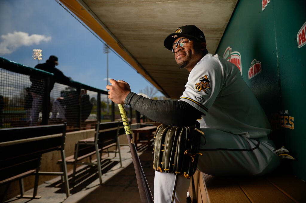 Francisco Kjolseth | The Salt Lake TribuneOutfielder Eric Young Jr. Salt Lake Bees' annual media day, a prelude to the start of the season, kicks off at Smith's Ballpark on Tuesday, April 4, 2017.