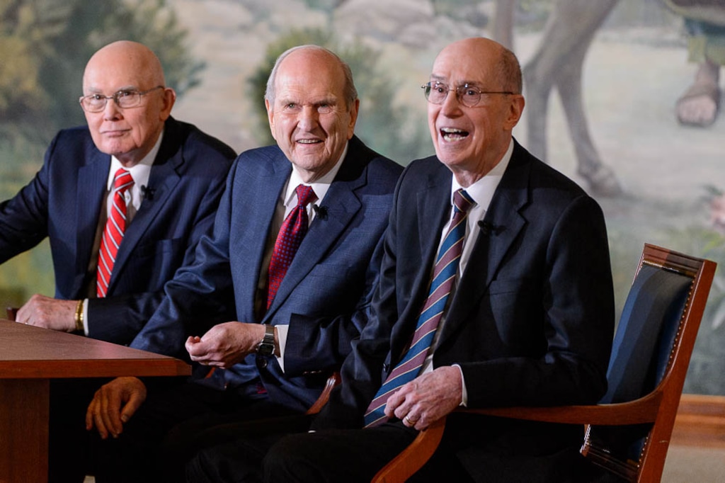 (Trent Nelson | The Salt Lake Tribune) Dallin H. Oaks, Russell M. Nelson and Henry B. Eyring at a news conference in the lobby of the Church Office Building in Salt Lake City, Tuesday, Jan. 16, 2018. Nelson was named the 17th president of the nearly 16 million-member Church of Jesus Christ of Latter-day Saints. Oaks was named first counselor in the First Presidency and Eyring second counselor in the First Presidency.