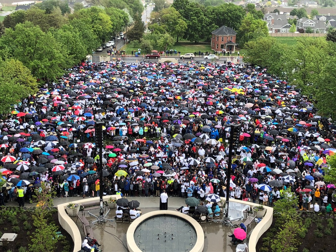 (Courtesy LDS Church) Thousands of Mormon youths listen to a program after walking May 12, 2018, to the newly renovated Jordan River Temple in South Jordan.