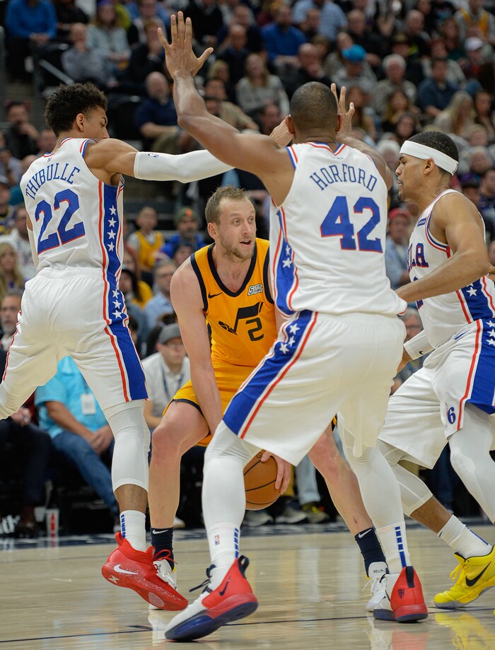 (Francisco Kjolseth  |  The Salt Lake Tribune)  Utah Jazz forward Joe Ingles (2) faces a defensive wall as the Utah Jazz host the Philadelphia 76ers in their NBA basketball game at Vivint Smart Home Arena in Salt Lake City on Wednesday, Nov. 6, 2019.