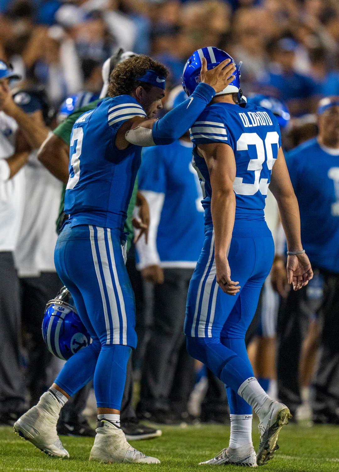 (Rick Egan | The Salt Lake Tribune)  Brigham Young Cougars quarterback Jaren Hall (3) consoles Cougars place kicker Jake Oldroyd (39) after he missed his kick, in overtime in football action between the Brigham Young Cougars and the Baylor Bears at LaVell Edwards Stadium in Provo, on Saturday, Sept. 10, 2022.