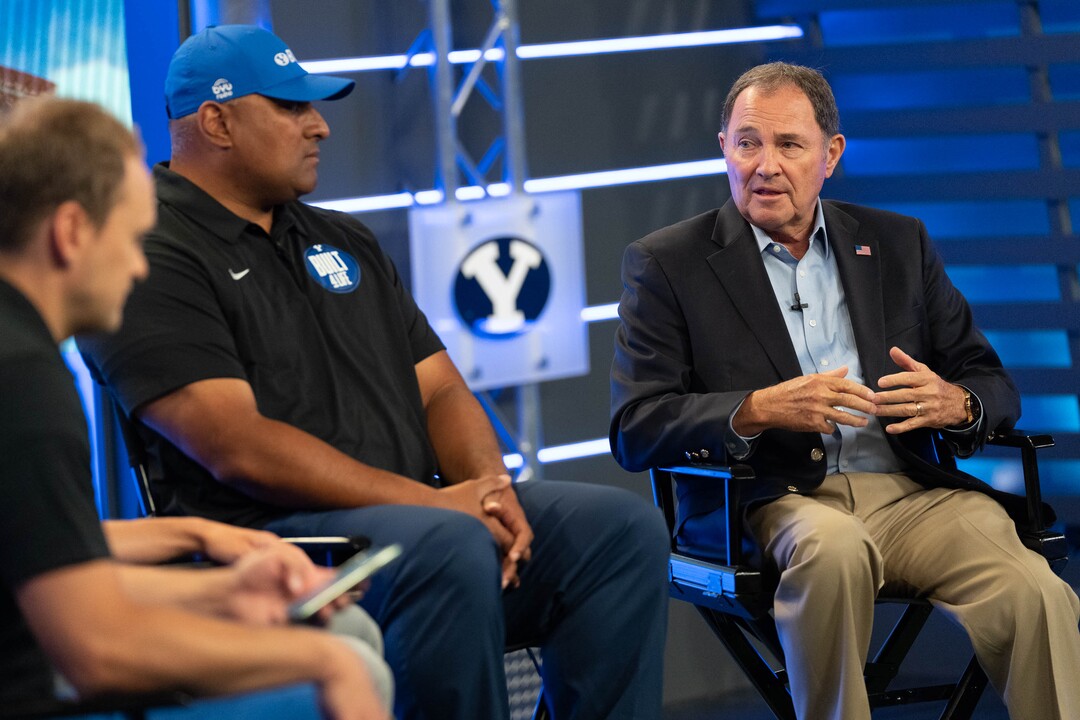 (Francisco Kjolseth | The Salt Lake Tribune) Former Gov. Gary Herbert, right, is joined by BYU head coach Kalani Sitake as they talk about the Built 4 Life program to support athletes during the BYU Football Media Day in the BYU Broadcasting Building in Provo on Thursday, June 17, 2021.