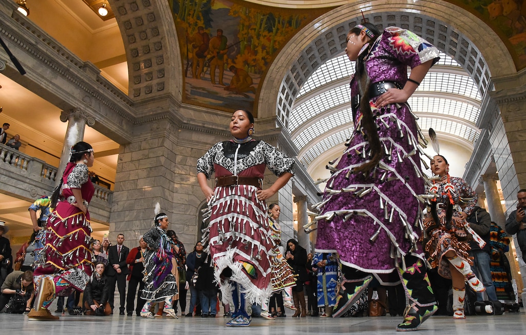 (Francisco Kjolseth  |  The Salt Lake Tribune)  As part of Native American Day on the Hill, women pay tribute and try to bring attention to the epidemic of missing and murdered women in Indian country by performing a Jingle Dance in the Capitol rotunda on Feb. 4. A legislative committee gave its stamp of approval Monday to a draft bill that seeks to streamline the federal process for changing geographic names in Utah that contain language derogatory to American Indians.