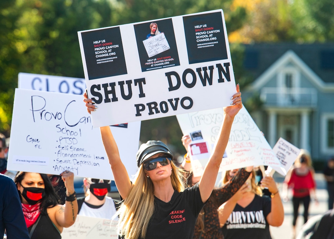 (Rick Egan  |  The Salt Lake Tribune)    Paris Hilton leads a march to the Provo Canyon School, during a rally calling for the closure of Provo Canyon School, a residential treatment center in Utah she attended when she was a teen, on Friday, Oct. 9, 2020.