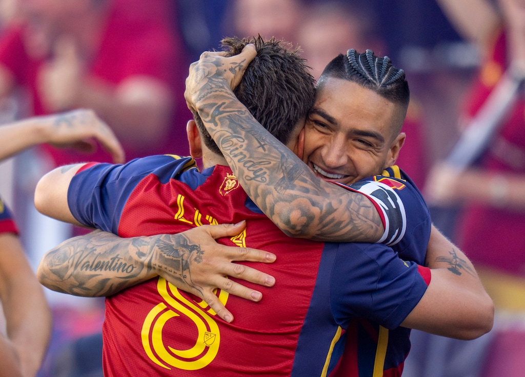 (Rick Egan | The Salt Lake Tribune)  Real Salt Lake midfielder Diego Luna (8) gets a hug from Chicho Arango (9) after an RSL goal, in MLS action between Real Salt Lake and Atlanta United, in Sandy, on Saturday, July 6, 2024. Real Salt Lake is scheduled to play its final regular-season game, Saturday, Oct. 19, 2024, against the Vancouver Whitecaps.