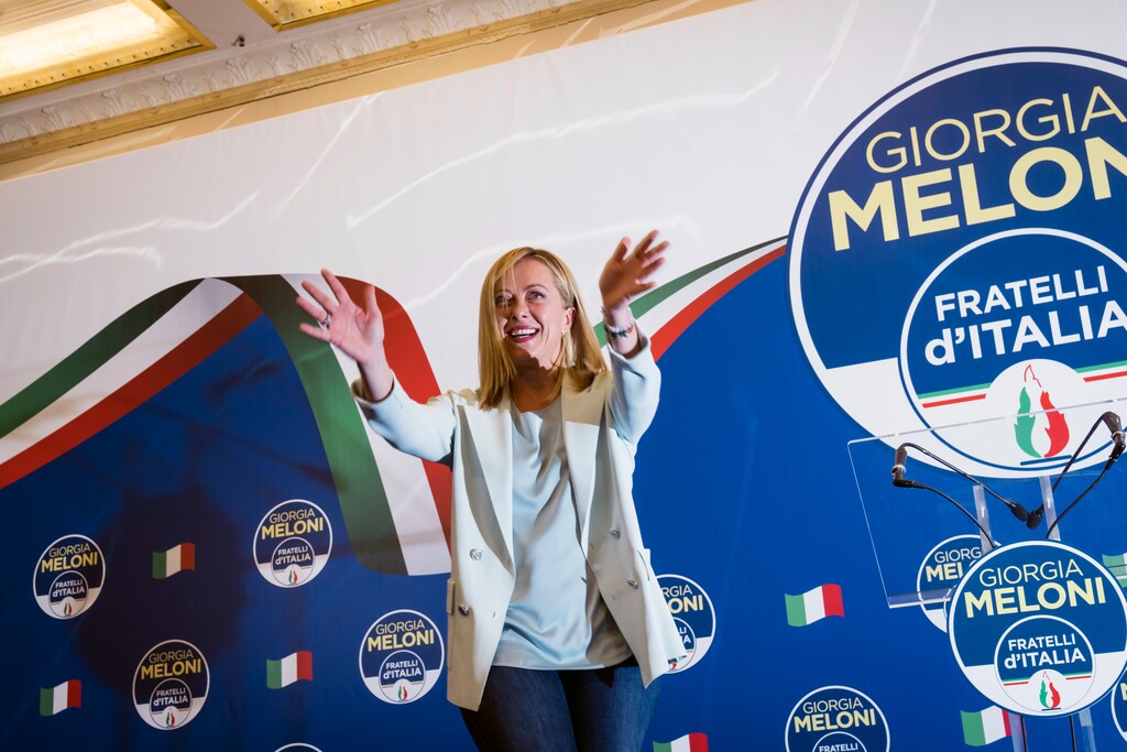 (Gianni Cipriano | The New York Times)

Giorgia Meloni at a news conference in Rome after early projections had her coalition winning a majority in Italy's Parliament early Monday morning, Sept. 26, 2022.
