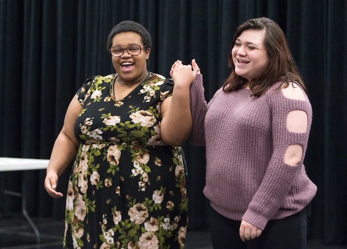 (Rick Egan  |  The Salt Lake Tribune)      Granger High School students Aliya Palmer and Jaden Romero perform during a competition for EduHam, an education program that accompanies the Salt Lake City run of "Hamilton." Granger theater teachers Kirsten Anderson and Brian Fuller said 81 students at the West Valley City school participated in the program, which asks students to study original founding documents and create an original work of art -- rap, song, poem, essay, etc. -- from a big moment. Twelve of the regional winners will be invited to perform before a matinee performance of "Hamilton" on May 4. Utah's program is the first to be funded in a public-private match. Wednesday, April 11, 2018.