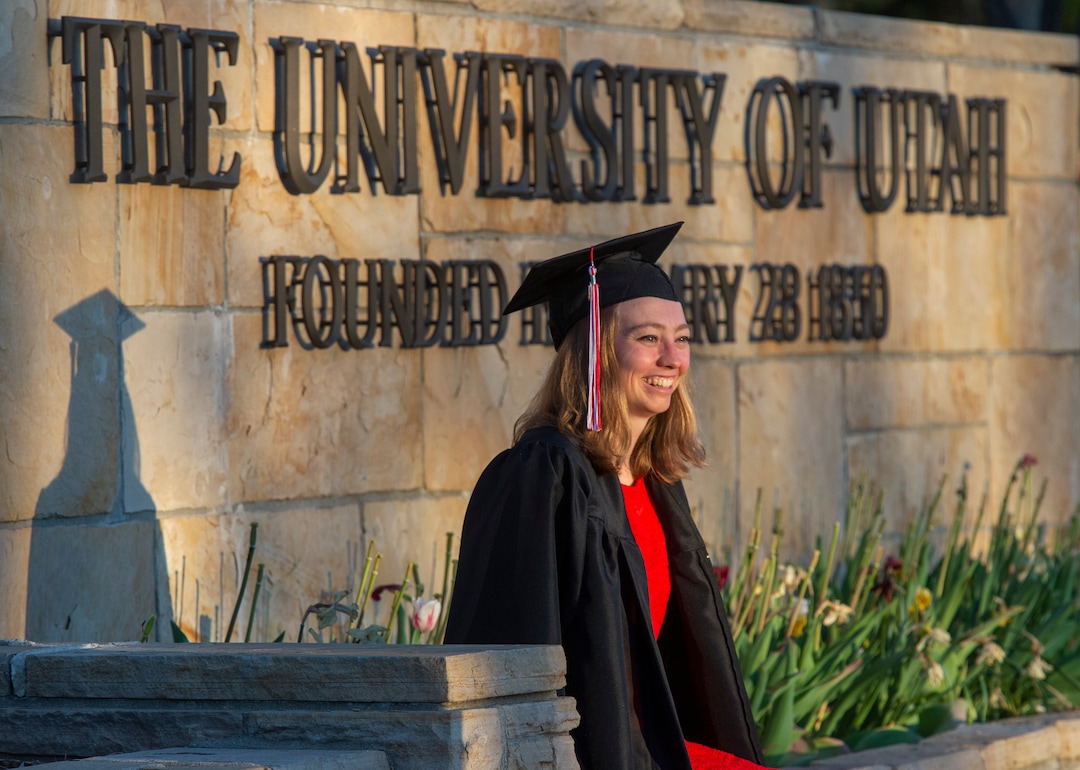 (Rick Egan  |  The Salt Lake Tribune)    Ellen Dahl poses for a graduation photo at Presidents Circle at the University of Utah, Thursday April 30, 2020