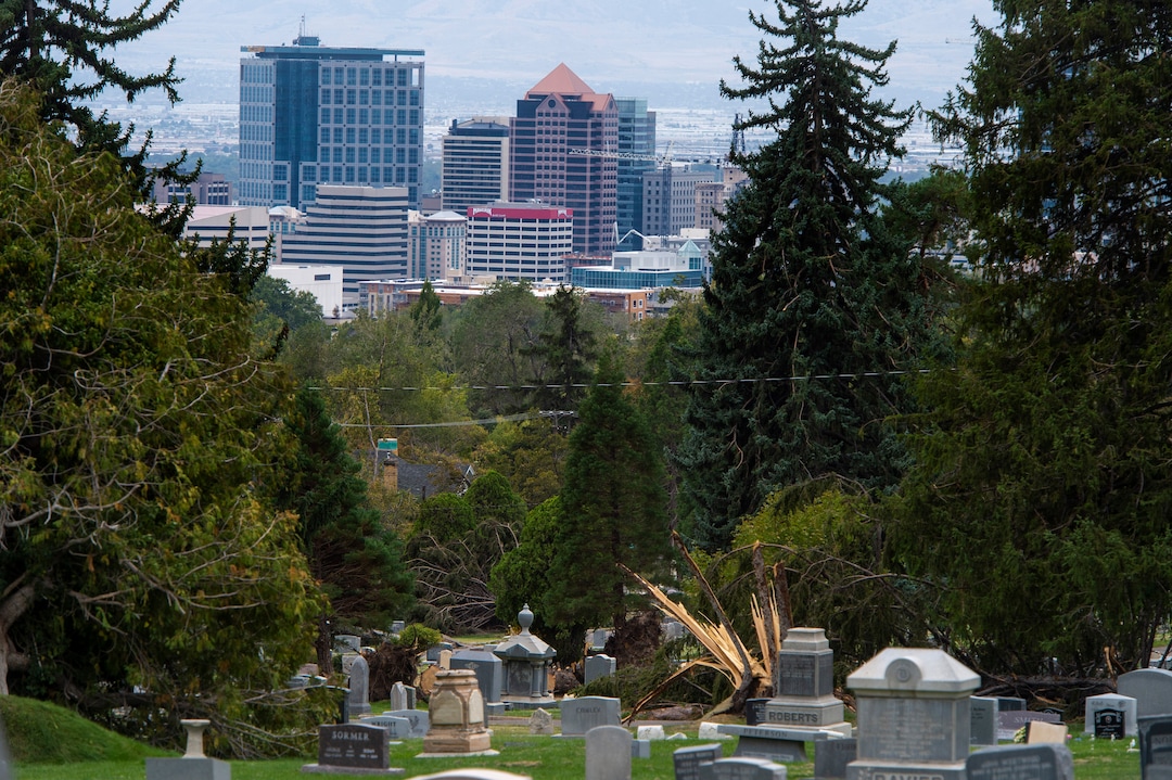 (Rick Egan  |  The Salt Lake Tribune)    Hundreds of headstones in the Salt Lake City Cemetery were damages in the recent wind storm, Friday, Sept. 18, 2020.