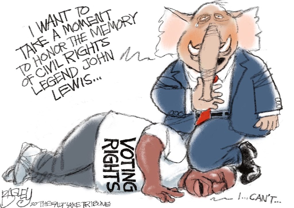 (Pat Bagley | The Salt Lake Tribune)  This cartoon, titled "Taking a Knee to Voting Rights," appears in The Salt Lake Tribune on Tuesday, July 21, 2020.