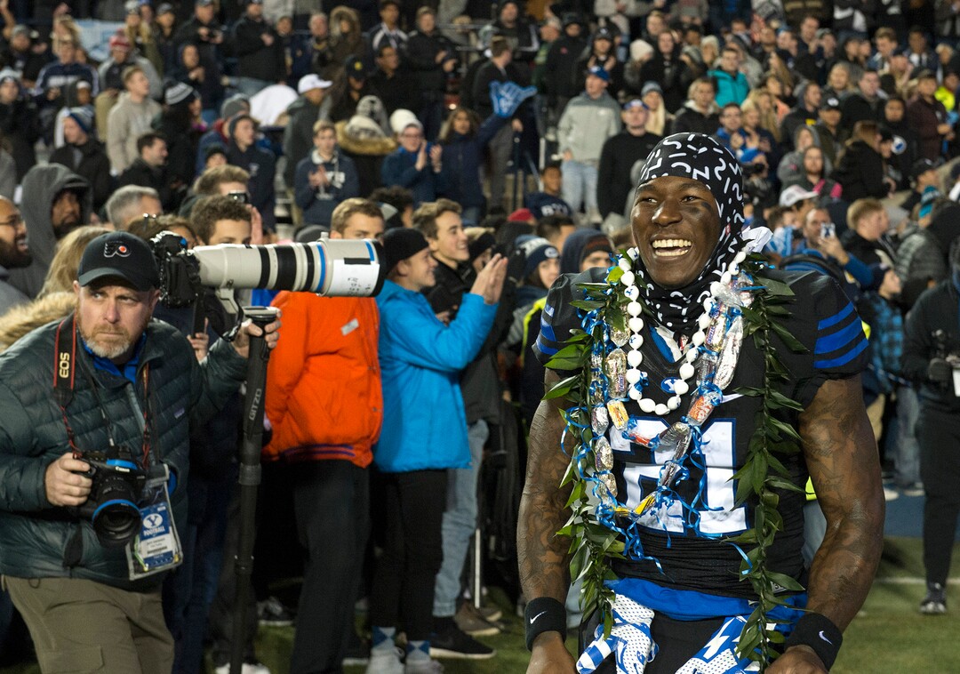 Rick Egan  |  The Salt Lake TribuneBrigham Young Cougars running back Jamaal Williams (21) smiles as he is recognized with the seniors, before football action, BYU vs Utah State, at Lavell Edwards Stadium in Provo,  Saturday, November 26, 2016.