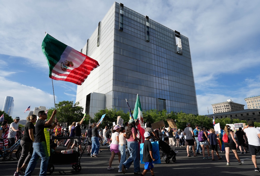 (Francisco Kjolseth  | The Salt Lake Tribune) An estimated 10,000 walk the streets of downtown Salt Lake City for a No Kings demonstration on Saturday, June 14, 2025. Another No Kings protest in Salt Lake City is planned for Saturday.