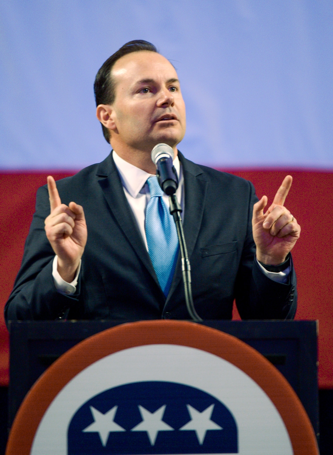 (Leah Hogsten  |  The Salt Lake Tribune) Senator Mike Lee speaks at the Utah Republican Nominating Convention Saturday, April 21, 2018 at the Maverik Center. 