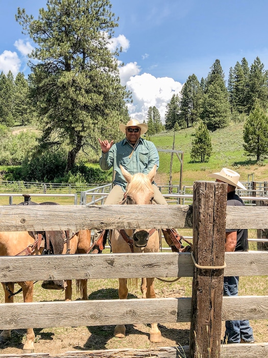 BYU football coach Kalani Sitake prepares for a seven-hour ride on horseback during a recent summer coaching retreat in Idaho during the week of June 10-16, 2019. | Photo courtesy of BYU football coaching staff.