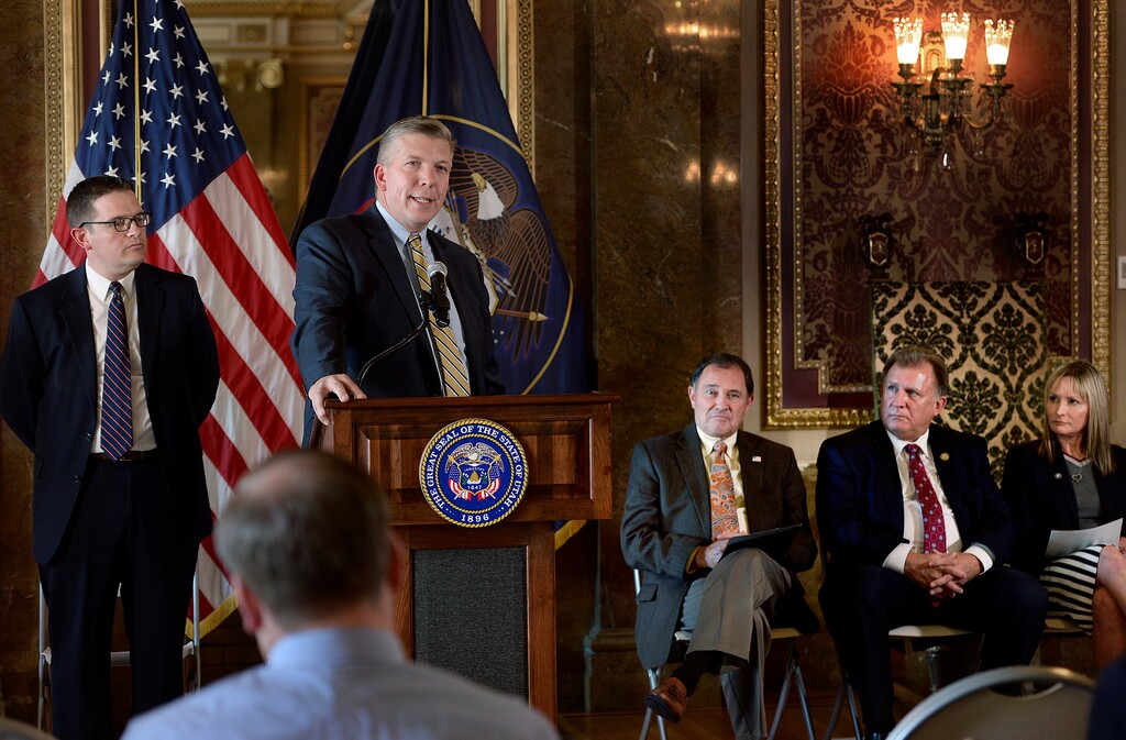 (Scott Sommerdorf | The Salt Lake Tribune)
David Bywater, of Vivint Solar speaks after Gov. Gary R. Herbert, Sen. Curt Bramble and industry leaders formally announced the stateÕs pathbreaking net metering agreement for residents with solar panels and discussed what the outcome means for Utah's energy future Wednesday, October 4, 2017.