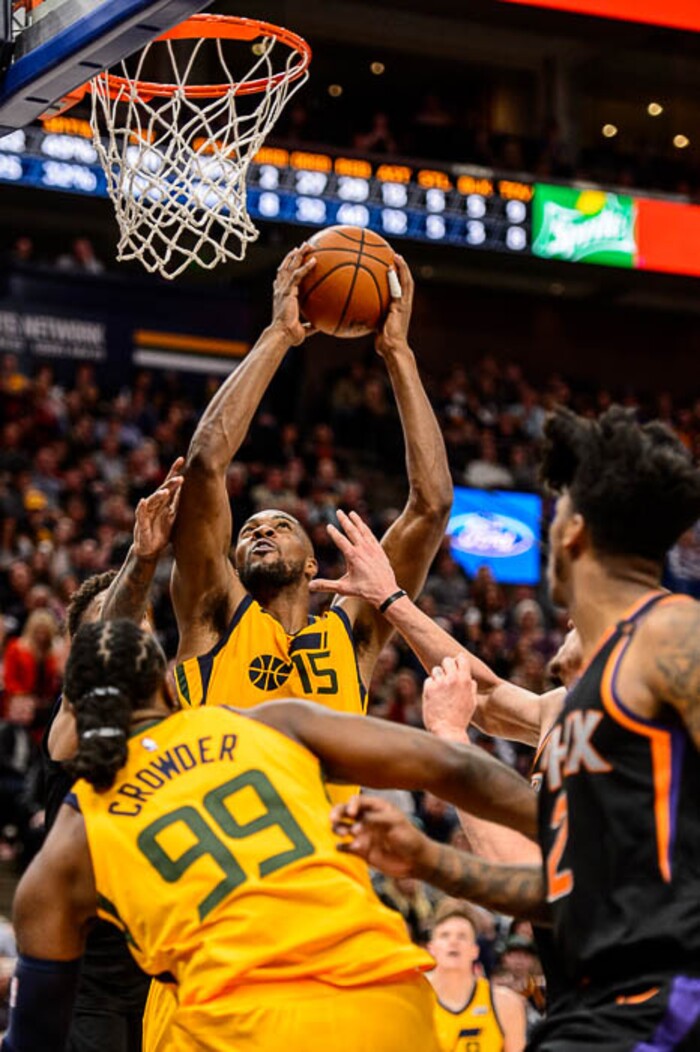(Trent Nelson | The Salt Lake Tribune)  Utah Jazz forward Derrick Favors (15) dunks the ball with an assist from Utah Jazz forward Jae Crowder (99) as the Utah Jazz host the Phoenix Suns, NBA basketball in Salt Lake City, Wednesday Feb. 14, 2018.