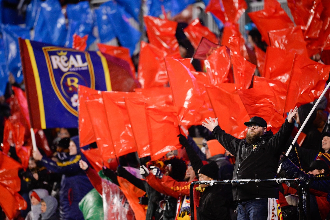 (Francisco Kjolseth  |  The Salt Lake Tribune)  The fans cheer in the driving rain as Real Salt Lake and the Portland Timbers play in their first MLS playoff game at Rio Tinto Stadium in Sandy, Utah on Saturday, Oct. 19, 2019.