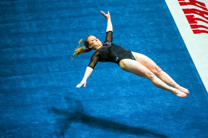 Chris Detrick  |  The Salt Lake TribuneUtah gymnast Maddy Stover performs her floor routine during the Red Rocks Preview at the Huntsman Center Friday December 11, 2015.  