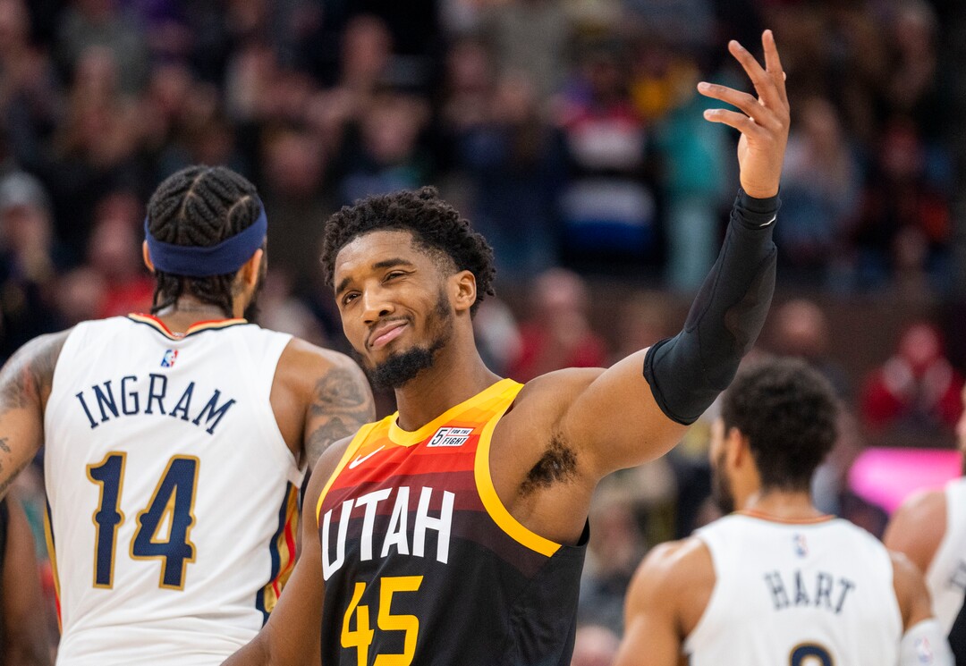 (Rick Egan | The Salt Lake Tribune) Donovan Mitchell (45) reacts to the crowd, as it appeared that he put the Jazz up by 6 points, 99-93 with 37 seconds left, the play was reviewed and the basket was taken away, in NBA action between the Utah Jazz and the New Orleans Pelicans, at Vivint Arena, in Salt Lake City, on Friday, Nov. 26, 2021.