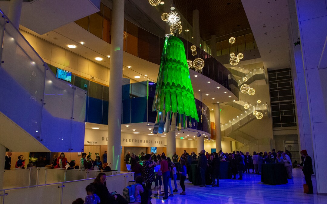 (Rick Egan  |  The Salt Lake Tribune) Eccles Theater unveils its annual Holiday Tree art installation, Monday, Dec. 2, 2019. The title is "Winter Wind," created by Rob Beishline & Shelley Beishline of Tooza Design. The work features 75 snowboards.