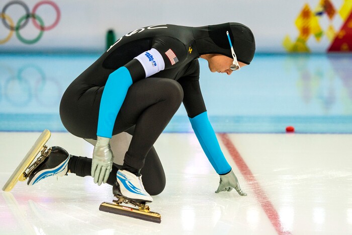 Brittany Bowe, of Salt Lake City, gets ready to start the women's 1,500 meter at Adler Arena Skating Center during the 2014 Sochi Olympics Sunday February 16, 2014. Bowe finished in fourteenth place with a time of 1:58.31. 
(Photo by Chris Detrick/The Salt Lake Tribune)