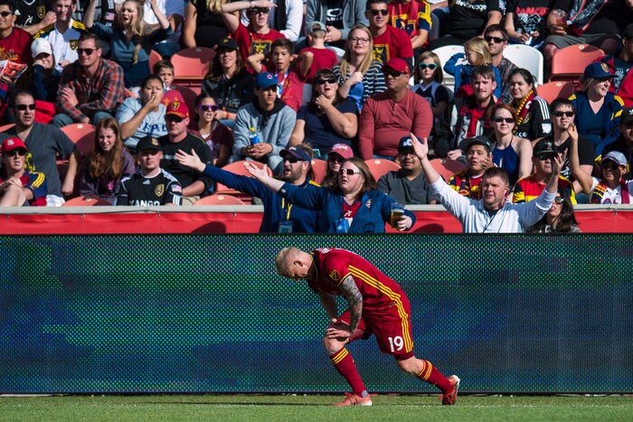 (Chris Detrick  |  The Salt Lake Tribune)  Real Salt Lake midfielder Luke Mulholland (19) gets up off of the ground during the game at Rio Tinto Stadium Sunday, October 22, 2017.  