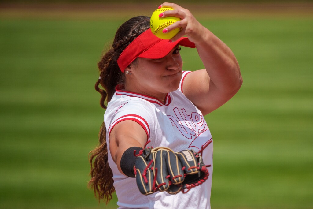 (Trent Nelson  |  The Salt Lake Tribune) Utah pitcher Mariah Lopez (8) as Utah's softball team faces Southern Illinois in the NCAA Tournament in Salt Lake City on Friday, May 19, 2023.