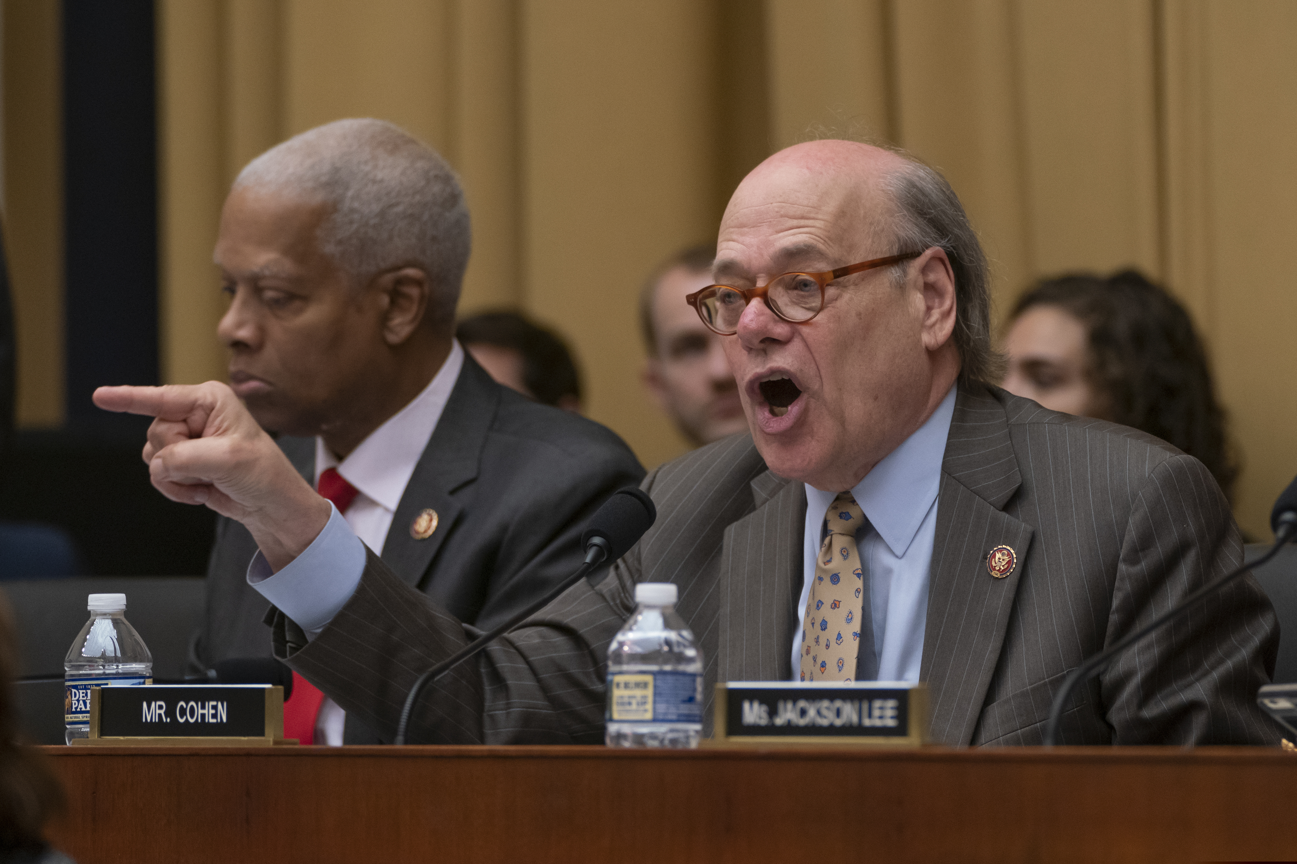 Rep. Steve Cohen, D-Tenn., joined at left by Rep. Hank Johnson, D-Ga., counters a Republican statement during the markup in the House Judiciary Committee to hold Attorney General William Barr in contempt of Congress after last-minute negotiations stalled with the Justice Department over access to the full, unredacted version of special counsel Robert Mueller's report, on Capitol Hill in Washington, Wednesday, May 8, 2019. (AP Photo/J. Scott Applewhite)