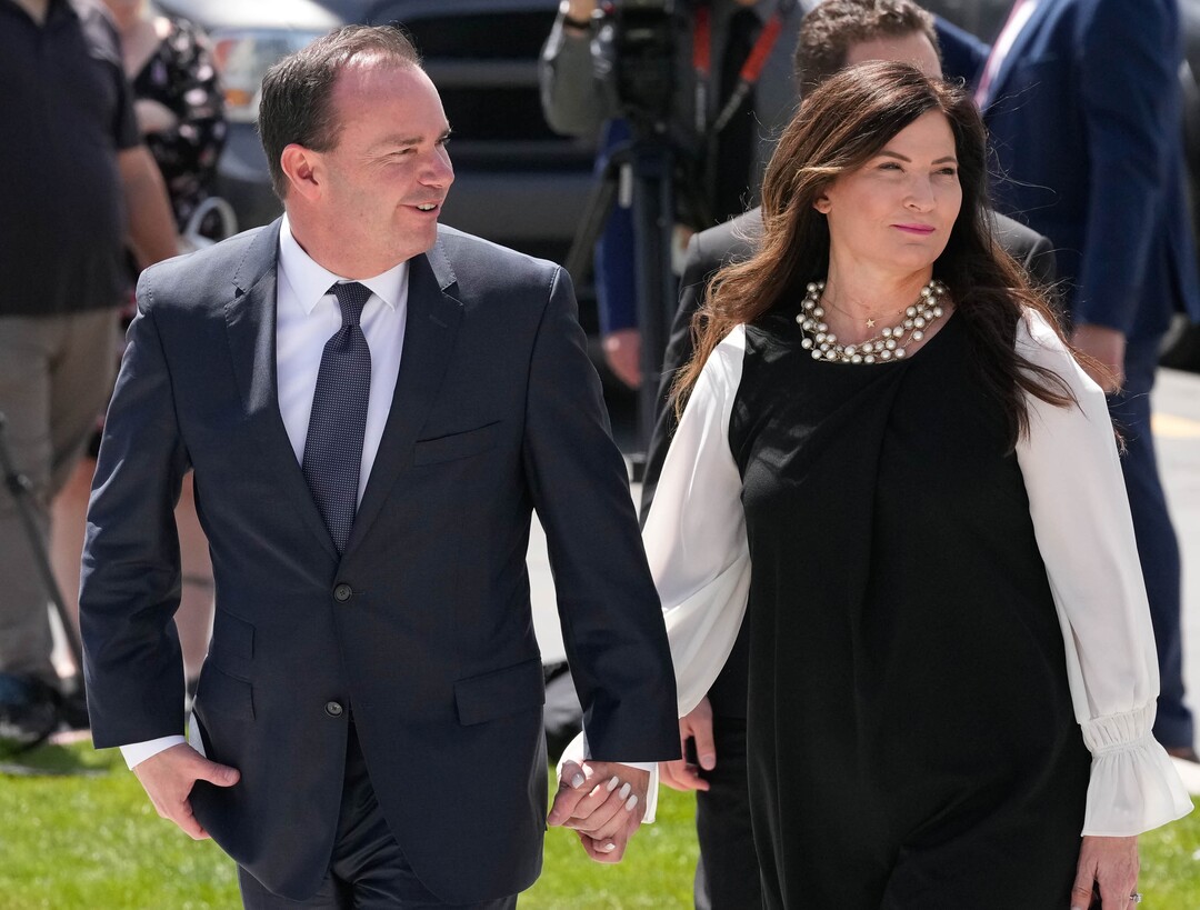 (Francisco Kjolseth | The Salt Lake Tribune) Sen. Mike Lee and his wife Sharon Lee, arrive for the funeral of former U.S. Sen. Orrin Hatch at The Church of Jesus Christ of Latter-day Saints Institute of Religion in Salt Lake City on Friday, May 6, 2022. Hatch, the longest-serving Republican senator in U.S. history and the longest-serving from Utah, died April 23 at age 88.