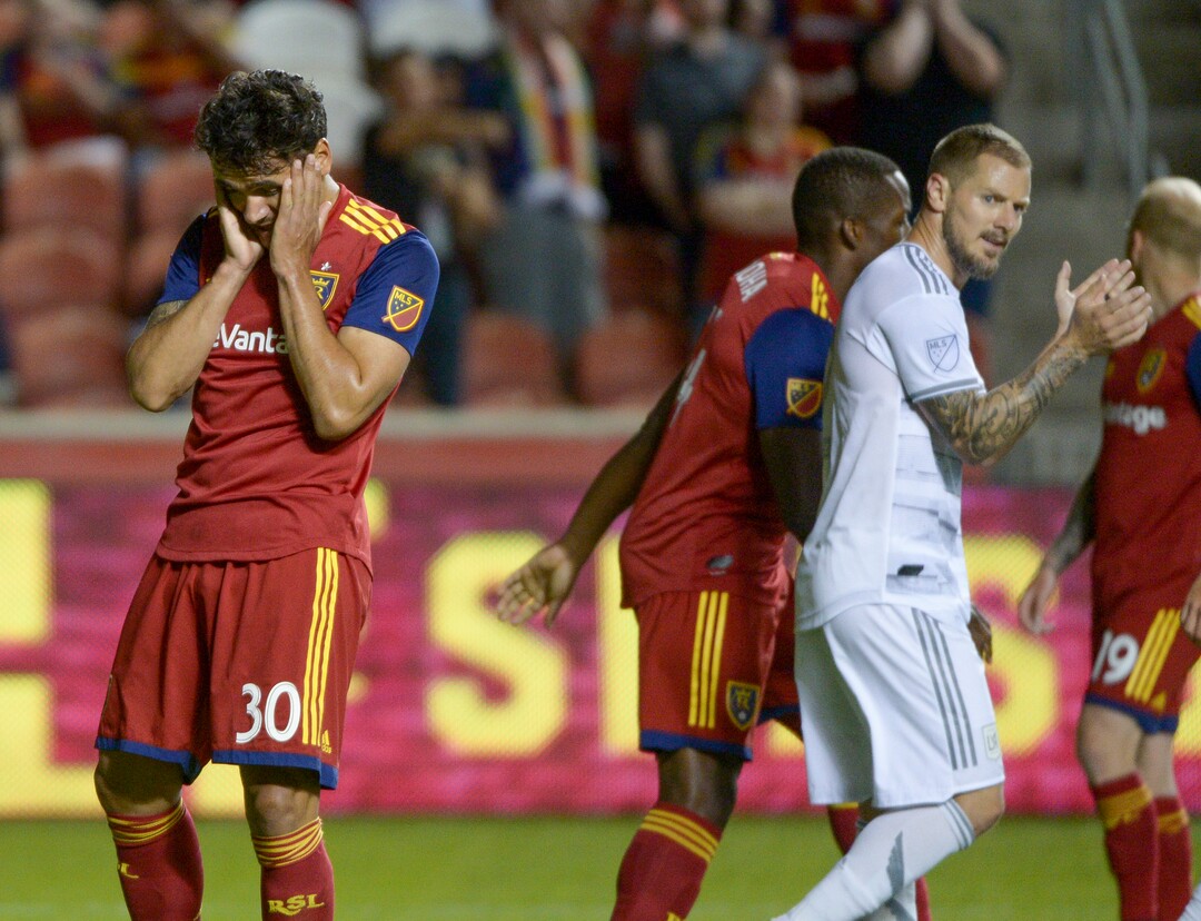 (Leah Hogsten  |  The Salt Lake Tribune) Real Salt Lake defender Marcelo Silva (30) reacts to a missed header into the goal as Real Salt Lake hosts Los Angeles Football Club in the fourth round of the Lamar Hunt U.S. Open Cup, June 11, 2019 at Rio Tinto Stadium in Sandy.