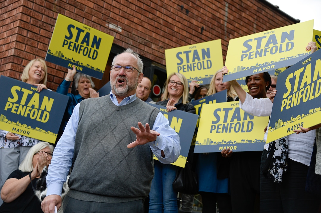 (Francisco Kjolseth  |  The Salt Lake Tribune)  Former Salt Lake City Councilman Stan Penfold announces his bid for mayor surrounded by supporters in the 9th East and 9th South area on Thursday, Oct. 4, 2018.