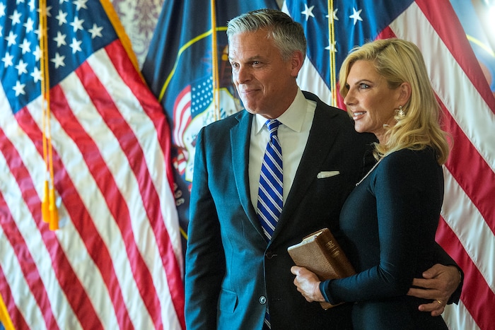(Chris Detrick  |  The Salt Lake Tribune)  Jon M. Huntsman, Jr., U.S. Ambassador to Russia, and his wife Mary Kaye Huntsman during an Ambassadorial Swearing in Ceremony at the Utah Capitol Saturday, October 7, 2017. 