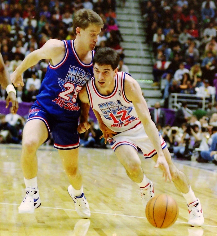 (Steve Griffin  | Tribune File Photo)  John Stockton, drives with the ball as Mark Price defends, during the 1993 All Star Game at the Delta Center in Salt Lake City, Sunday, Feb. 21, 1993.