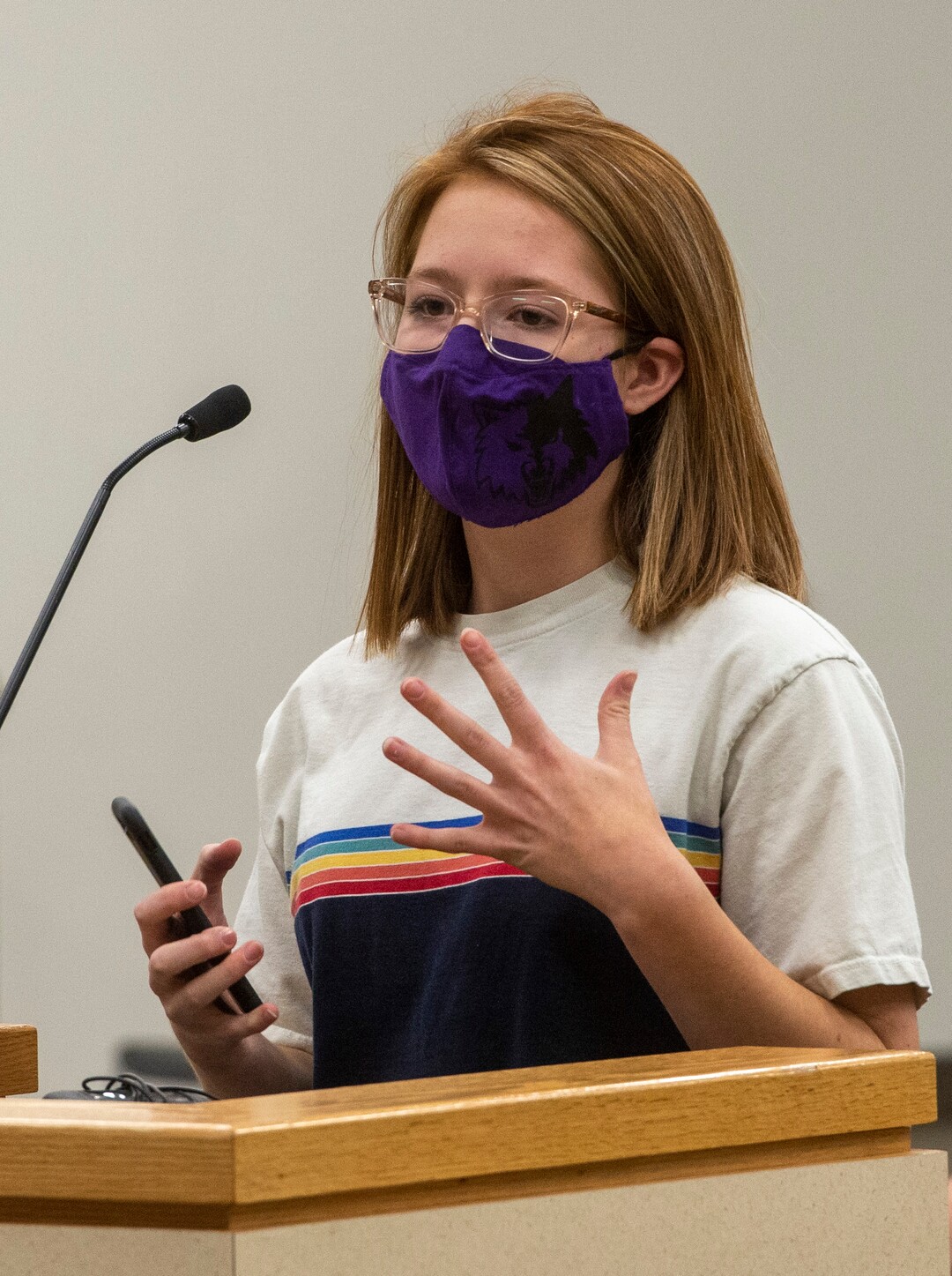 (Rick Egan  |  The Salt Lake Tribune)   Riverton High student Hope Thomas speaks during the public comment period, during the Jordan School Board meeting about the 17 Covid-19 cases at Riverton High School, on Wednesday, Sept. 16, 2020.