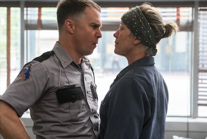 This image released by Fox Searchlight shows Sam Rockwell, left, and Frances McDormand in a scene from "Three Billboards Outside Ebbing, Missouri." Rockwell was nominated for an Oscar for best supporting actor on Tuesday, Jan. 23, 2018. The 90th Oscars will air live on ABC on Sunday, March 4. (Merrick Morton/Fox Searchlight via AP)