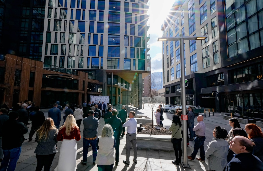 (Francisco Kjolseth | The Salt Lake Tribune) A new residential and hospitality center known West Quarter, located at 100 South and 300 West in Salt Lake City, opened on Wednesday, April 19, 2023. It includes 240 luxury apartments in a tower called The Charles and 272 guest rooms spread over two hotels, Le Meridien and Element, along with several restaurants and soon-to-be opened retail outlets at ground level.