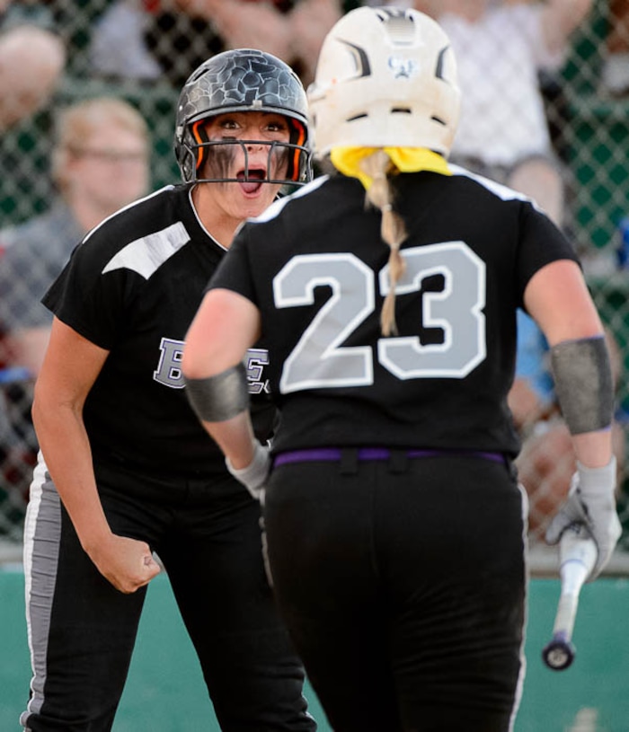 (Trent Nelson | The Salt Lake Tribune)  Box Elder beats Bountiful High School in the 5A Softball State Championship game, Thursday May 24, 2018. Box Elder's Brylee Marziale (7) and Box Elder's Mallory Merrill (23).