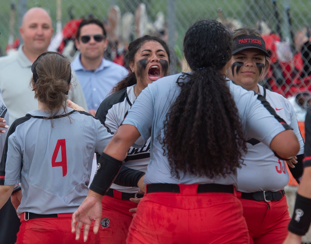 (Rick Egan  |  The Salt Lake Tribune)     West High celebrates their 5A State Championship win over the Bountiful Braves, in Taylorsville, Thursday May 30, 2019