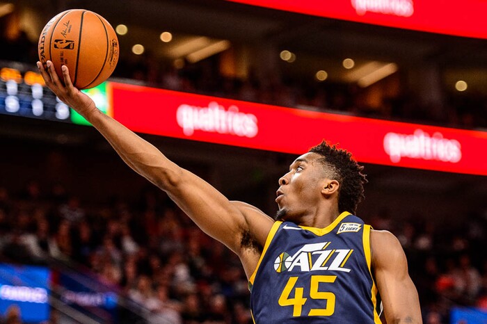 (Trent Nelson | The Salt Lake Tribune)  Utah Jazz guard Donovan Mitchell (45) shoots as the Utah Jazz host the Chicago Bulls, NBA basketball in Salt Lake City Wednesday November 22, 2017.