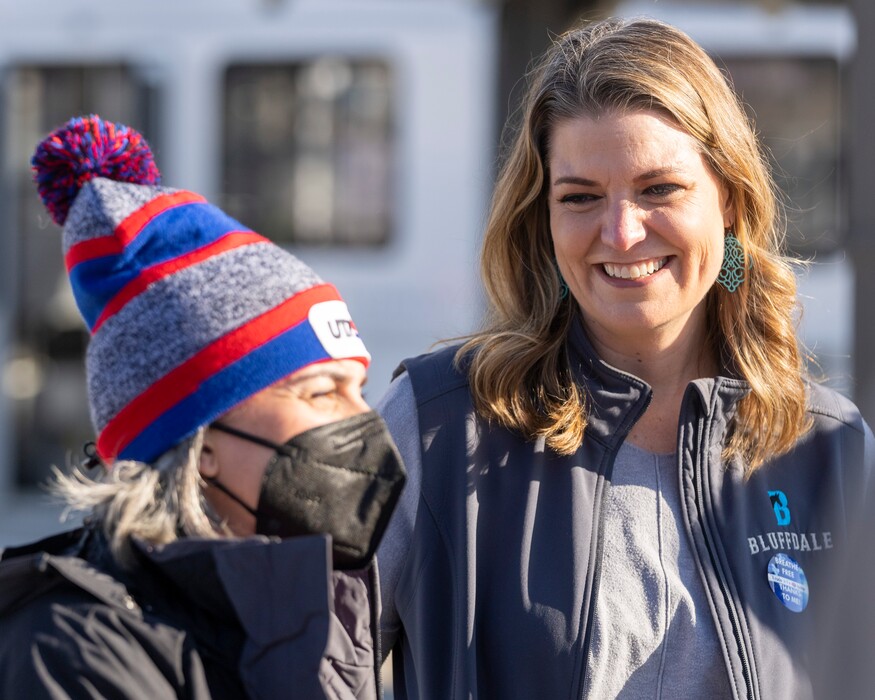 (Rick Egan | The Salt Lake Tribune) Bluffdale Mayor Natalie Hall, right, in Salt Lake City in February 2022. Hall's husband, Jason Hall, is accused of harassing one of his wife's political opponents in 2021.